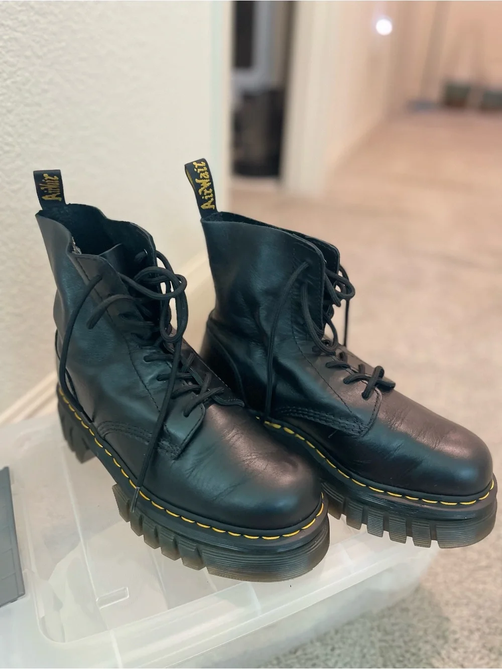 Dr. Martens Black Leather 8-Eye Platform Boots with Yellow Stitching /unisex